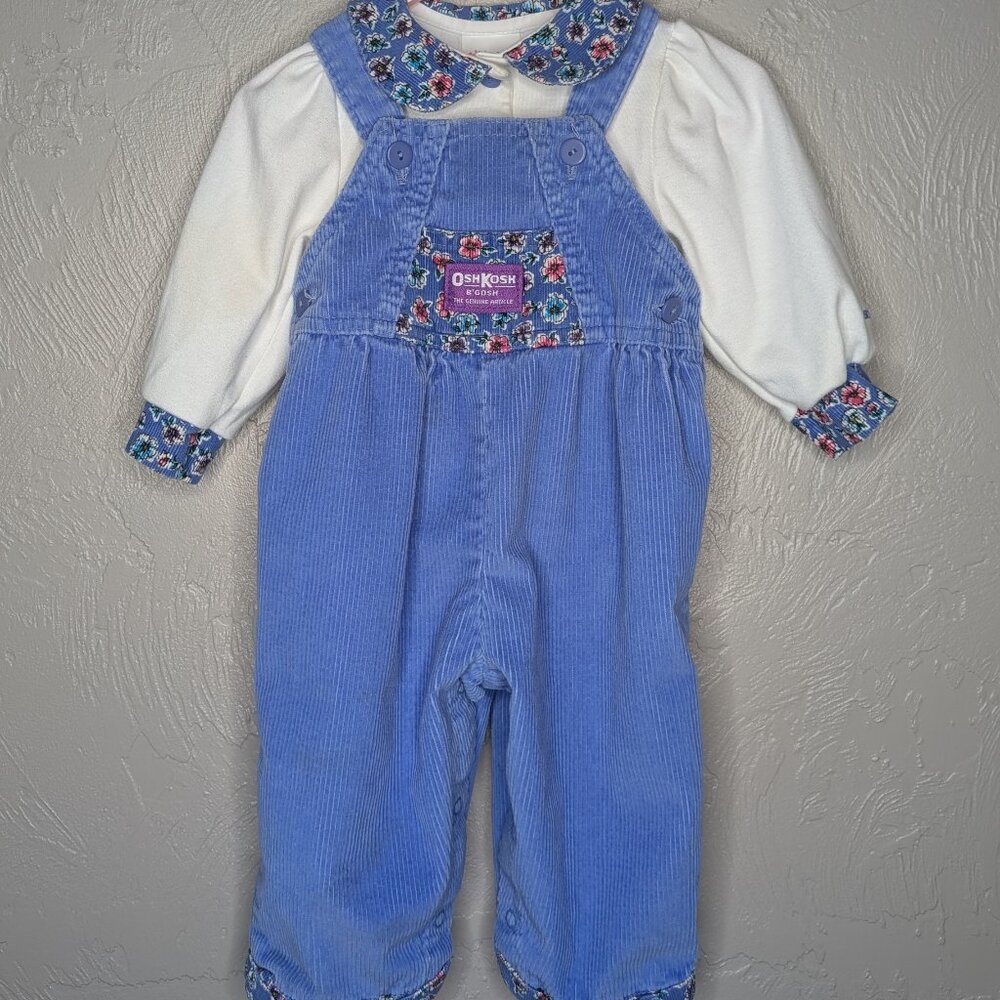 Osh'Kosh B'gosh Infant 12 M Periwinkle Floral Corduroy Vestbak Shirt & Overalls